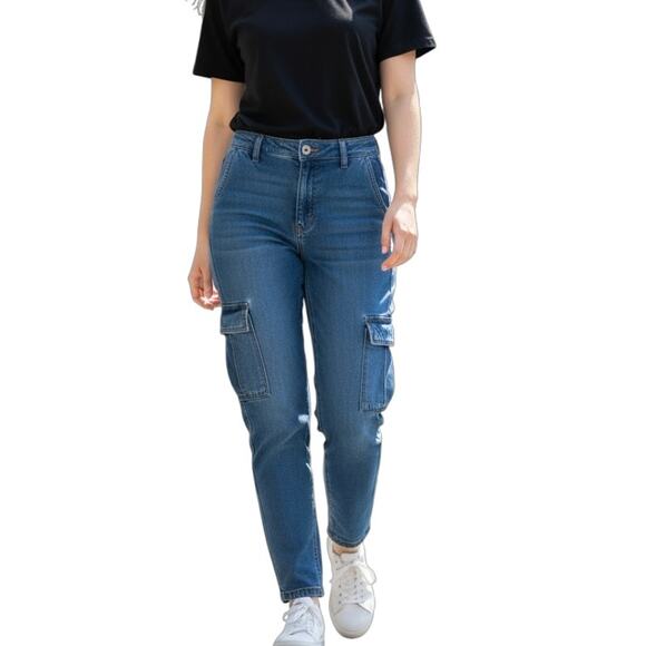 Universal Thread Women’s Boyfriend Cargo Jeans 0 Blue Med Wash Tapered High Rise - Picture 1 of 9